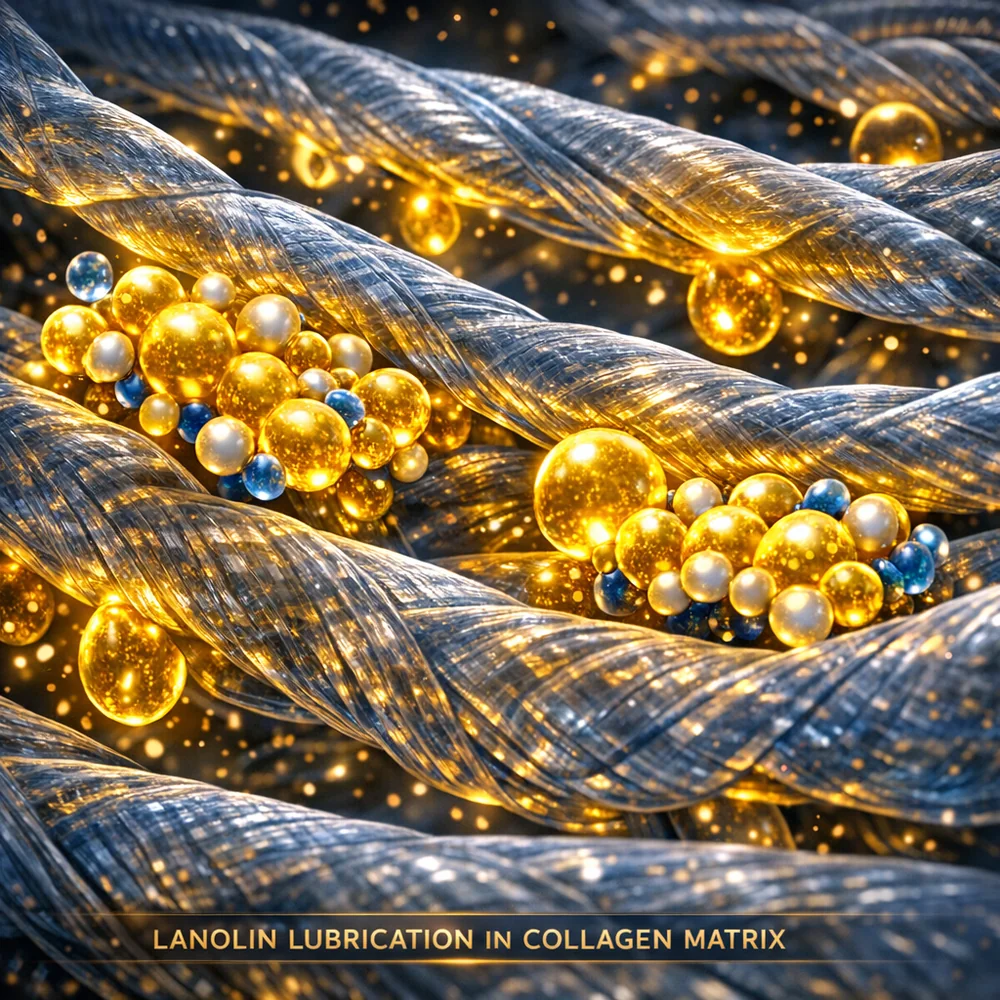 Molecular visualization of 'Lanolin Lubrication' in a collagen matrix. Shows waxy lanolin molecules acting as a lipid lubricant between protein hide fibers, keeping them pliable. High-tech scientific rendering, glowing atoms, luxurious golden and blue aesthetic, 8k.