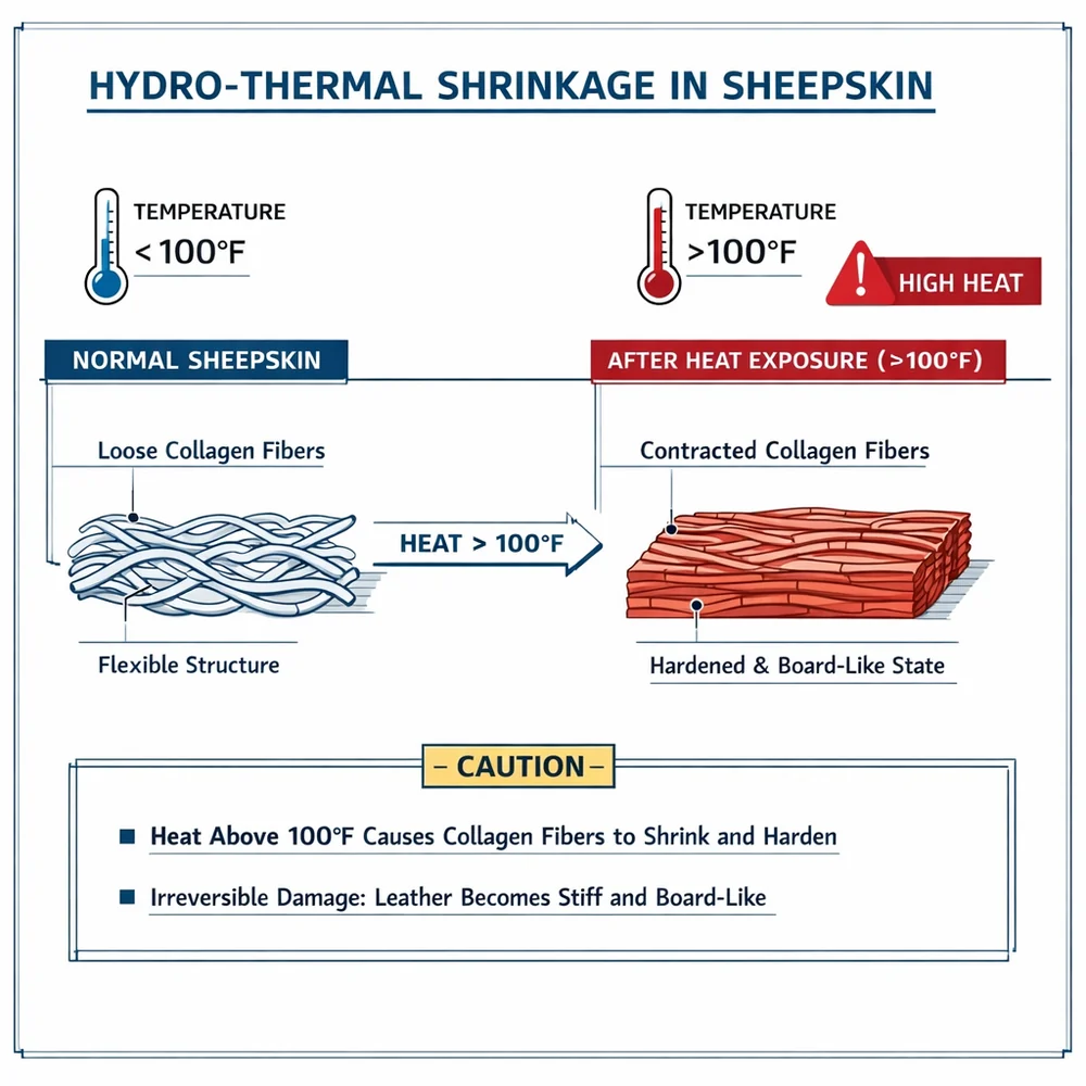 Technical diagram of 'Hydro-thermal Shrinkage' in sheepskin. Shows how heat (>100F) causes collagen fibers to contract and irreversibly harden into a 'board-like' state. Engineering schematic style with thermal markers, professional cautionary tone.