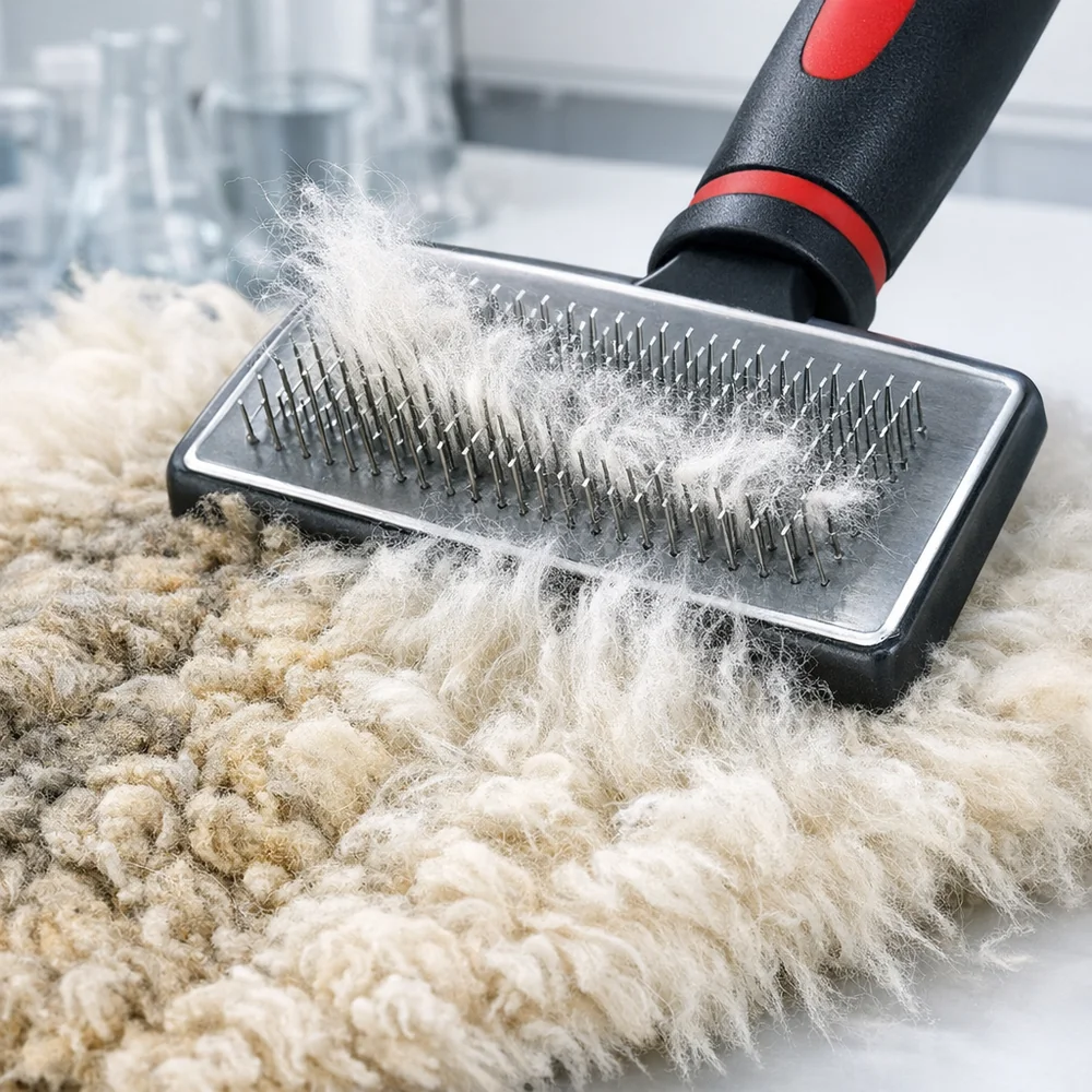 Professional laboratory photograph of a wire 'Slicker Brush' performing 'Mechanical Carding' on a dry sheepskin. Individual wool fibers are seen being separated and fluffed from a matted state. Clinical lighting, 8k resolution, photorealistic textile texture.