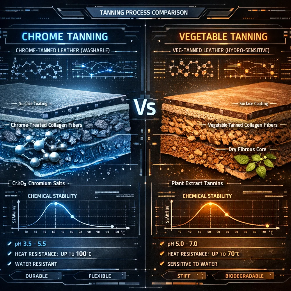 Comparative cross-section visualization of 'Chrome' vs 'Vegetable' Tanning. Left: Grey-blue chrome leather (washable). Right: Tan vegetable leather (hydro-sensitive/cardboard-like). High-tech interface, data overlay showing chemical stability points, authoritative aesthetic.