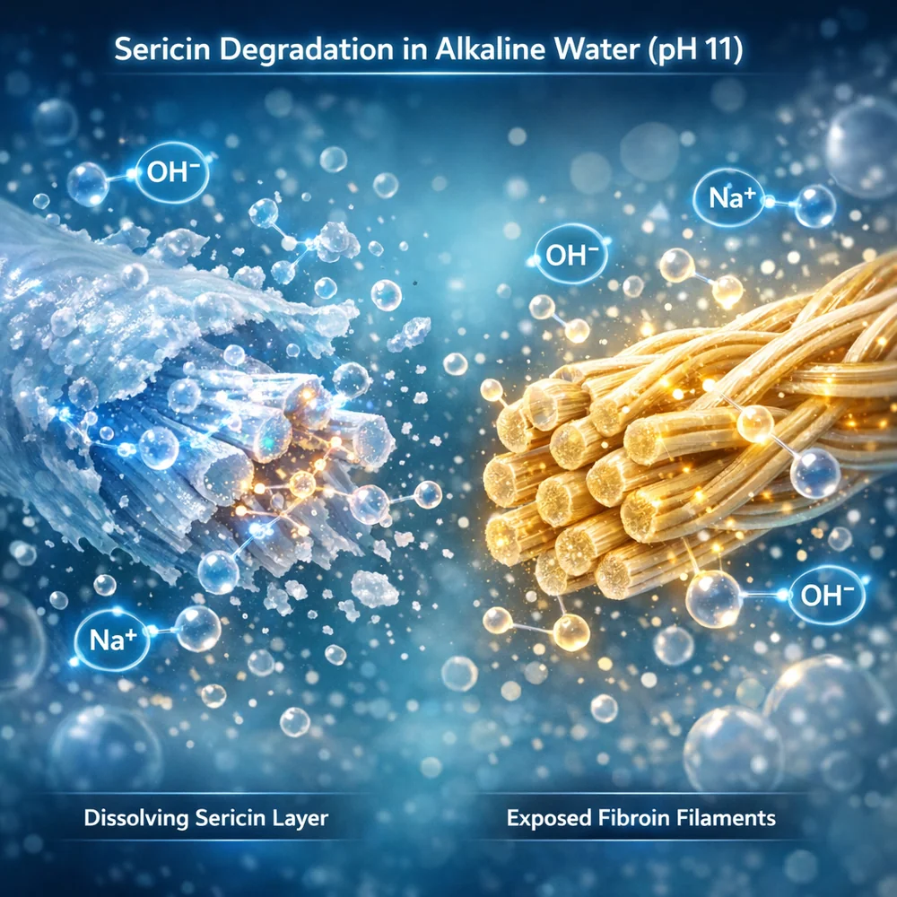 Molecular visualization of 'Sericin Degradation' in alkaline water (pH 11). Shows the protective silk protein layer dissolving and exposing the core fibroin filaments. High-tech medical animation style, glowing ionic bonds, clean lab aesthetic, 4k.