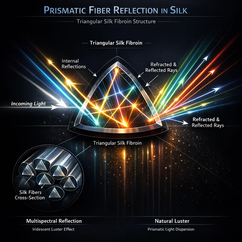 Technical diagram of 'Prismatic Fiber Reflection' in silk. Shows how the triangular cross-section of silk fibroin reflects light at multiple angles to create a natural luster. technical optics visualization, glowing light rays, sleek dark interface style, 8k.