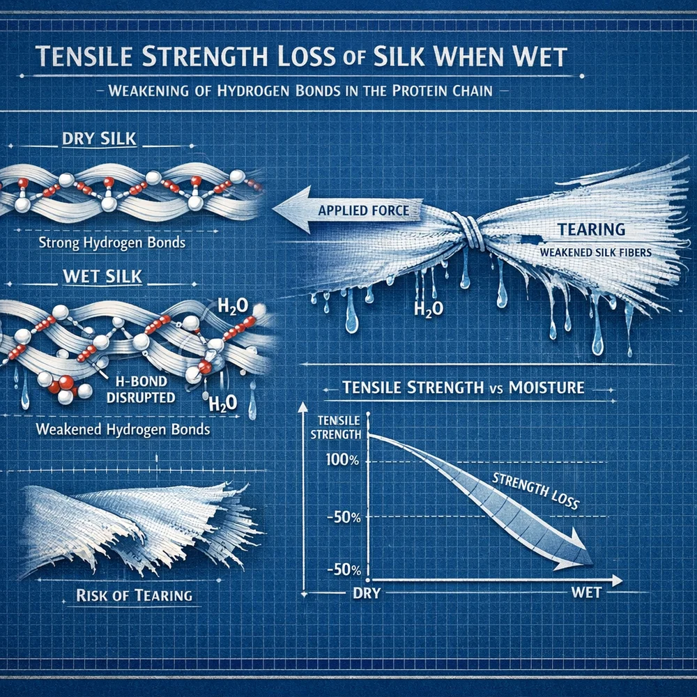 Scientific render showing 'Tensile Strength Loss' of silk when wet. Illustrates the weakening of hydrogen bonds within the protein chain, making the fabric vulnerable to tearing. engineering blueprint style with force vectors, professional clinical lighting.