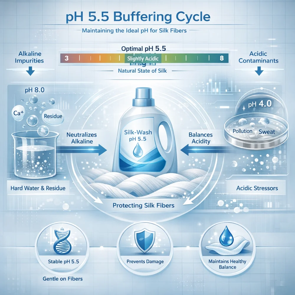 Visual representation of the 'pH 5.5 Buffering Cycle'. Shows a silk-wash detergent maintaining a slightly acidic environment matching the fiber's natural state. High-tech medical aesthetic, professional data visualization, sterile lab style.