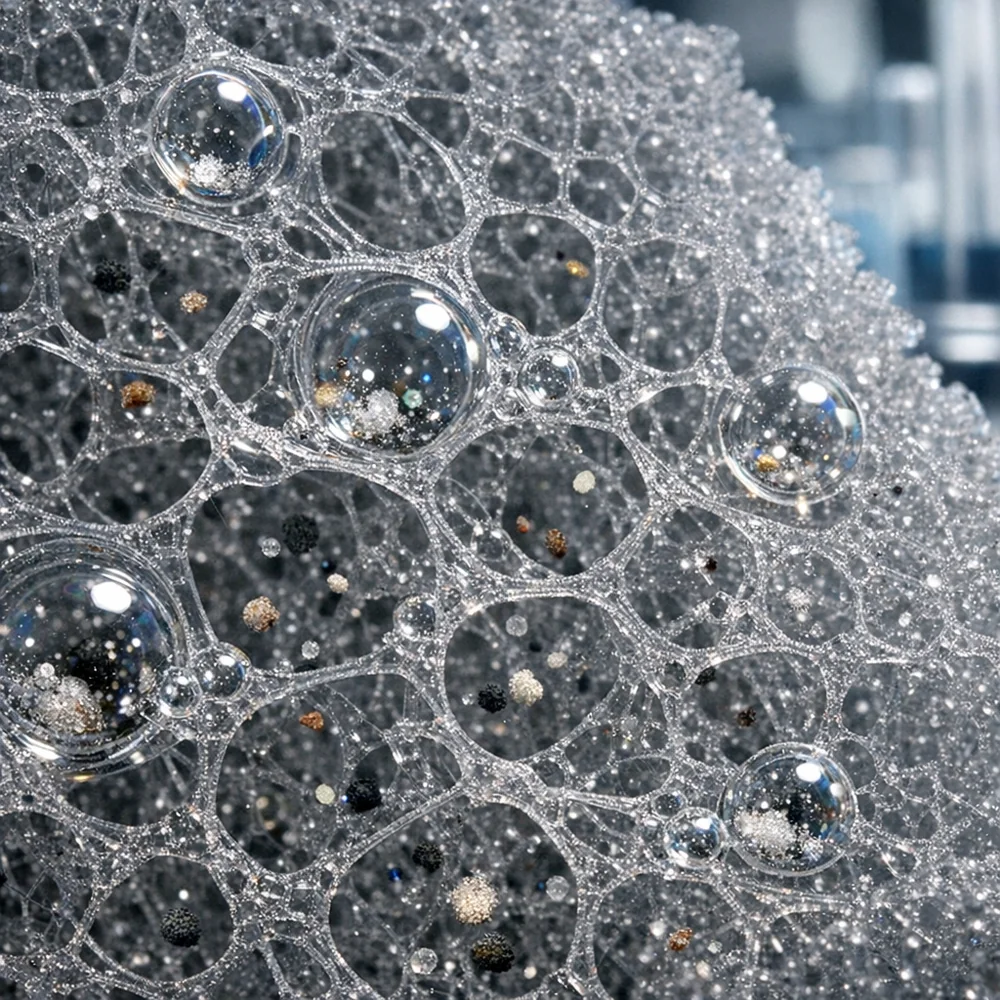 Macro shot of a removable foam padding insert showing the internal 'open-cell' structure. Trapped soap bubbles and microscopic particles are visible within the cells. Clinical laboratory setting, technical detail.