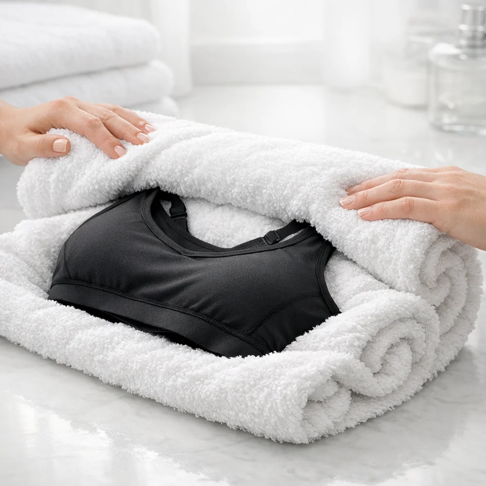 The 'Towel Roll' hand-washing technique: a sports bra laid on a plush white towel which is being rolled up to extract moisture. Professional photography, soft clinical lighting, high-end home laundry aesthetic, 8k.