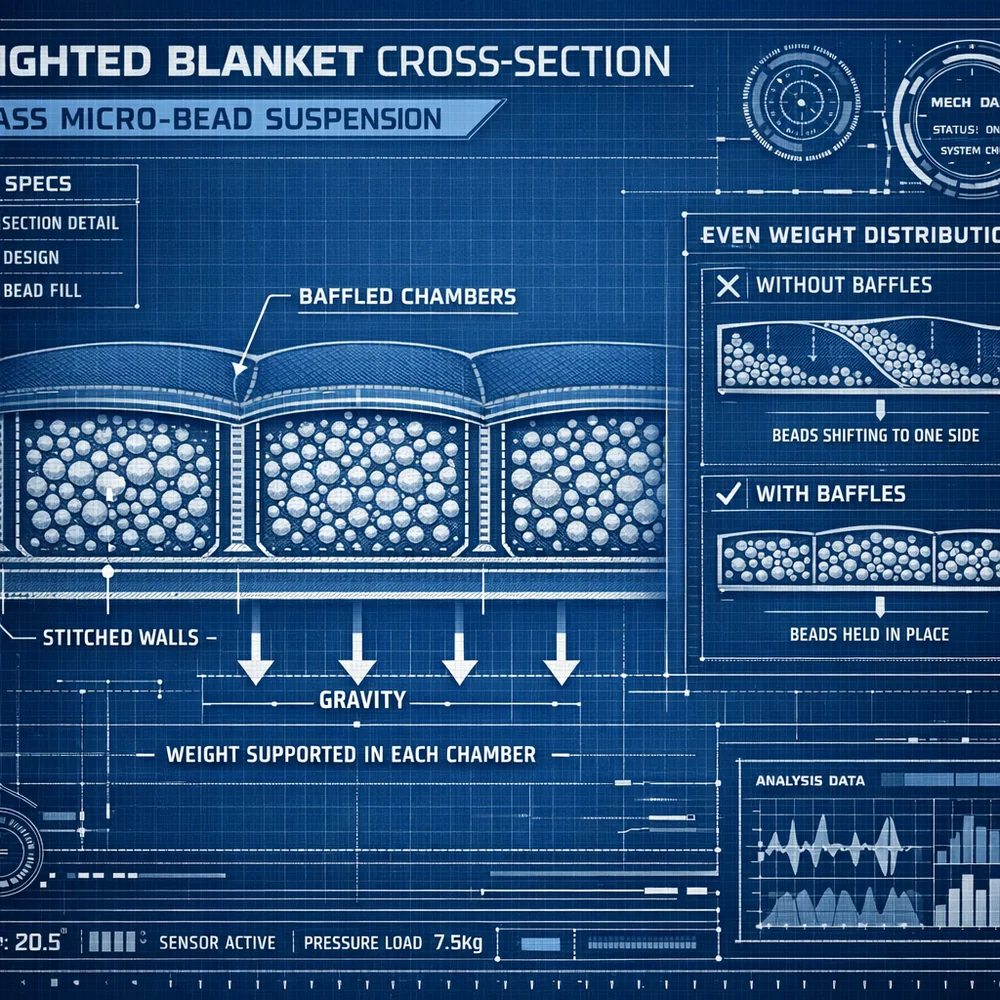 Technical cross-section of a weighted blanket showing 'Glass Micro-bead Suspension'. Shows how individual chambers (baffles) prevent all beads from sliding to one end. Engineering blueprint style with gravity markers, high-tech interface aesthetic.