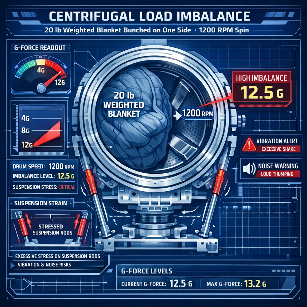 Diagnostic visualization of 'Centrifugal Load Imbalance' in a washer. Shows a 20lb weighted blanket bunched on one side of a 1200 RPM drum, causing severe suspension rod stress. Technical interface style with G-force markers, clinical blue.