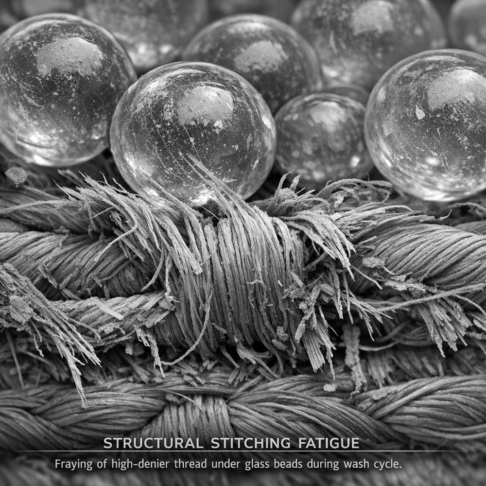 Microscopic view of 'Structural Stitching Fatigue'. Shows high-denier thread fraying under the constant weight of glass beads during a wash cycle. Scientific monochrome aesthetic, sharp detail, 8k resolution, cautionary tone.