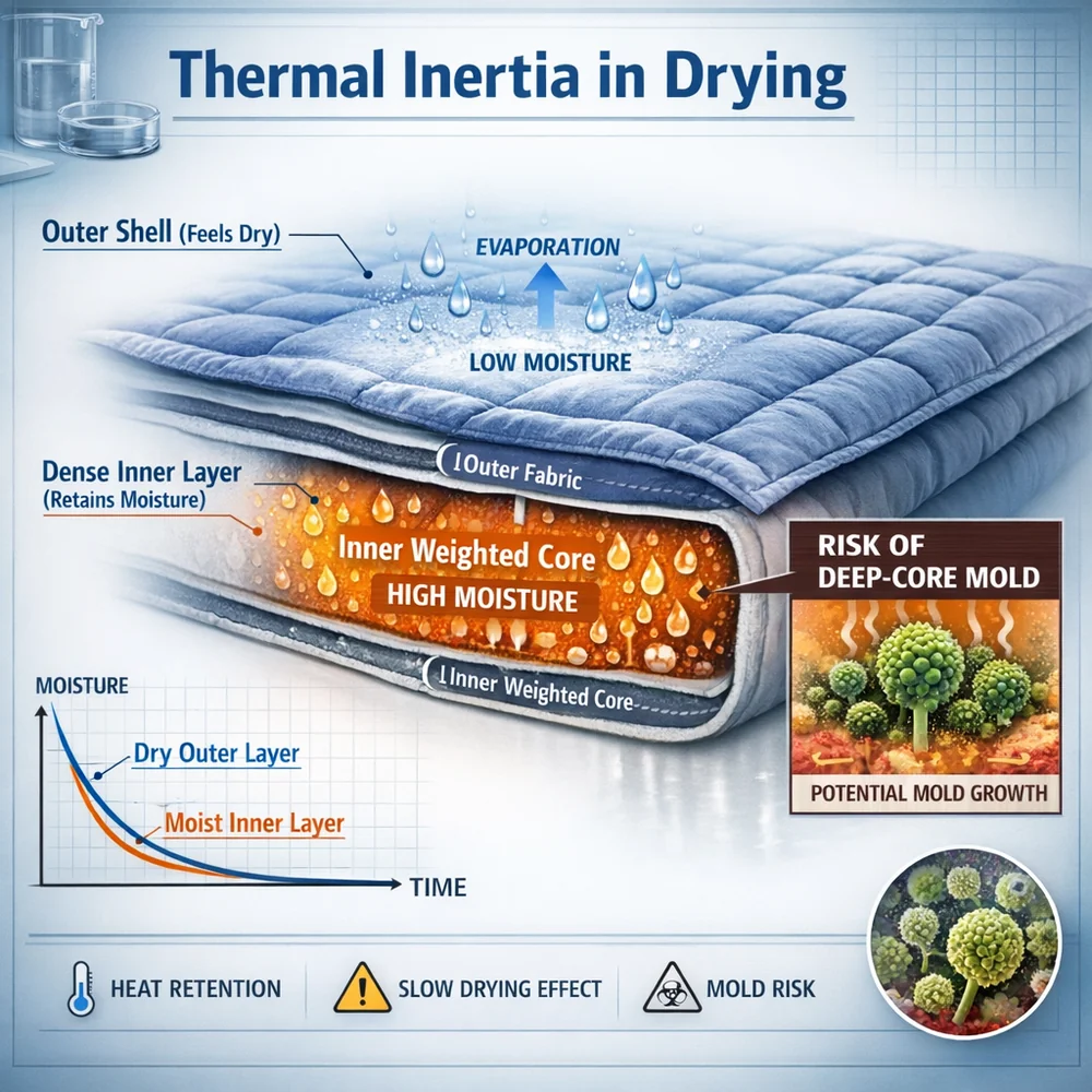 Technical diagram of 'Thermal Inertia' in drying. Shows how the dense inner layer of a weighted blanket retains moisture while the outer shell feels dry, illustrating the risk of deep-core mold. technical optics visualization, 8k, clinical lab aesthetic.
