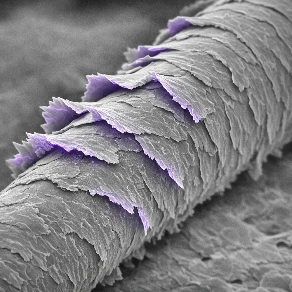 Scanning Electron Microscope (SEM) view of a wool fiber. Shows the jagged, overlapping 'Cuticle Scales' in a states of lifting (ratchet effect) due to heat and agitation. Scientific monochrome aesthetic with clinical violet highlights, 8k resolution.