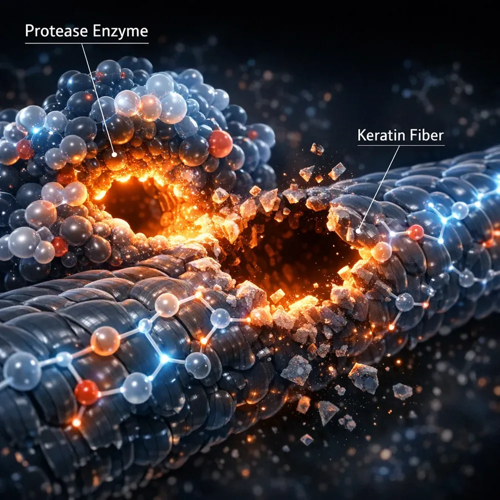 Molecular visualization of 'Protease Enzyme Fiber Digestion'. Shows an enzyme active site 'eating' a hole through the keratin backbone of an animal fiber. High-tech medical animation style, glowing chemical bonds, dark cautious palette, 4k.