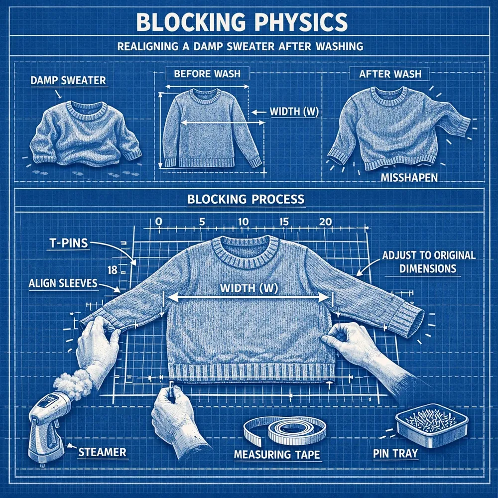 Technical diagram of 'Blocking Physics'. Shows a damp sweater being manually realigned on a grid to restore its original geometry after washing. Engineering blueprint style with measurement markers, professional clinical lighting.