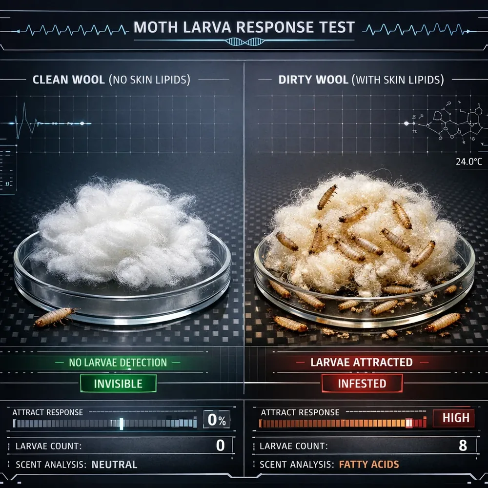 Laboratory controlled moth defense visualization. Illustrates how clean wool (no skin lipids) is 'invisible' to a Tineola larvae, while dirty wool attracts them. technical optics visualization, professional clinical photography backdrop, high-tech interface.