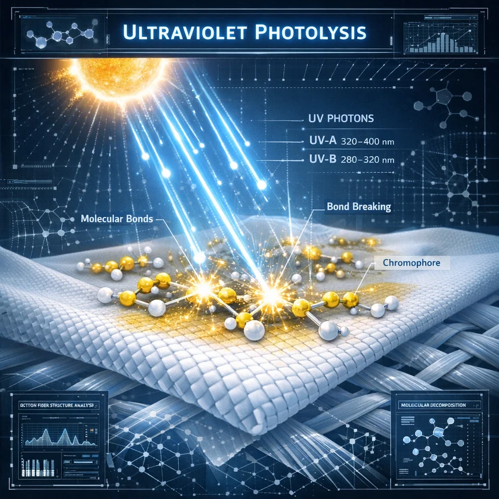 Scientific visualization of 'Ultraviolet Photolysis'. shows solar photons attacking and breaking the molecular bonds of yellowing chromophores on a white cotton sheet. High-tech engineering schematic, glowing light paths, clinical blue aesthetic, 8k.