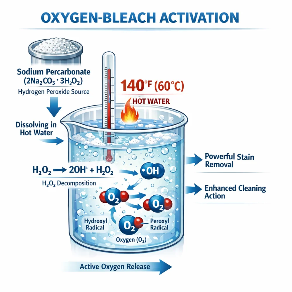 Technical diagram of 'Oxygen-Bleach Activation'. illustrates how sodium percarbonate (H2O2 source) releases active oxygen radicals in 140F (60C) water. Engineering schematic, thermal markers, clinical white background.
