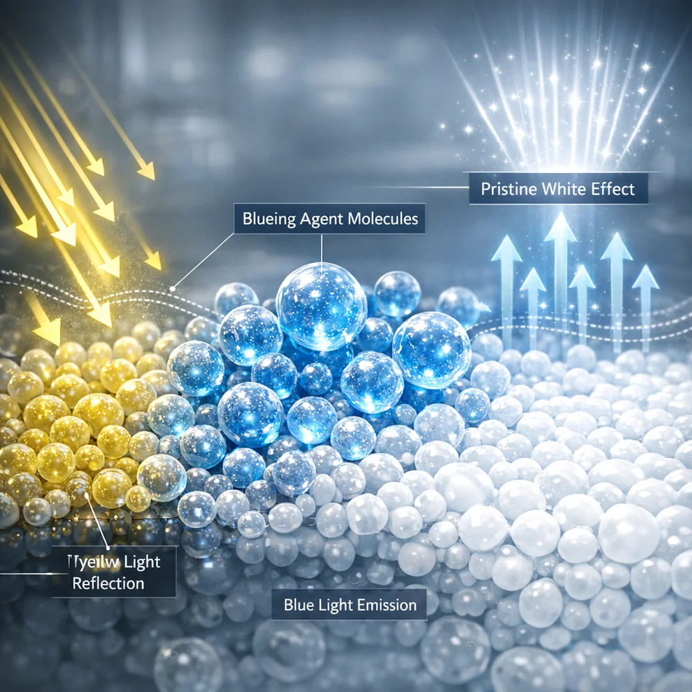 Molecular representation of 'Blueing Agents'. shows microscopic blue pigments counteracting yellow light reflection to create the illusion of pristine white. High-tech medical animation style, clinical grey and blue, 4k.