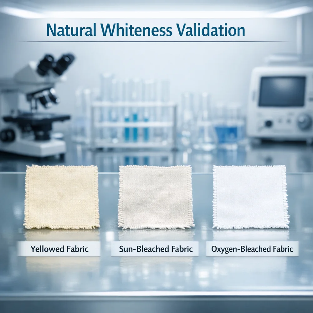 Laboratory photograph of 'Natural Whiteness Validation'. shows three fabric swatches: yellowed, sun-bleached, and oxygen-bleached, under standardized clinical light. High-tech medical photography, professional lighting, 8k.