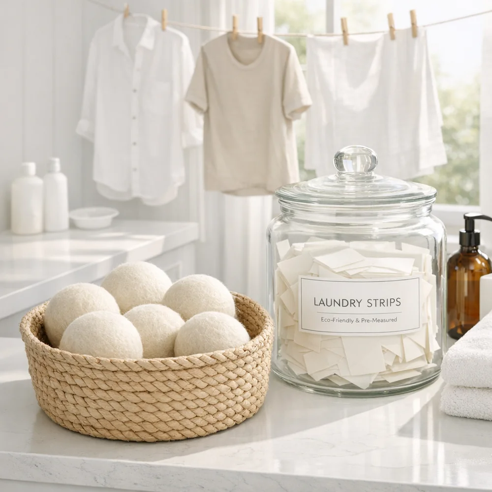 Aesthetically pleasing laundry room setup featuring six wool dryer balls in a basket, a glass jar of laundry strips, and a line of clothes drying in sunlight. Premium clinical aesthetic.