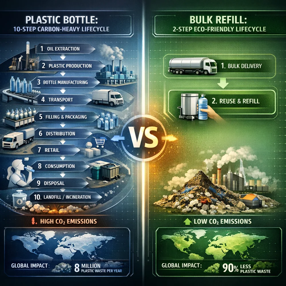 Visual infographic comparing the 10-step carbon-heavy lifecycle of a plastic bottle vs the 2-step lifecycle of a bulk refill. Modern technical interface, global data visualization.