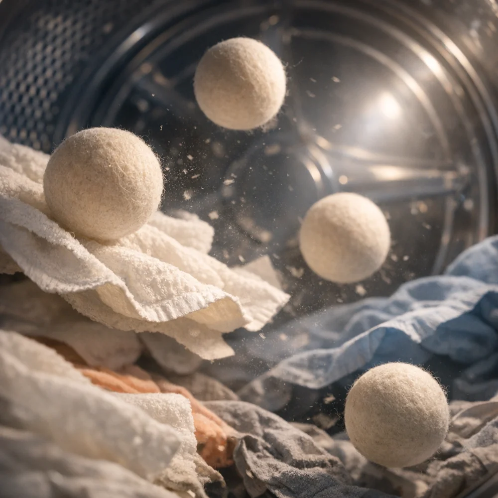 Action shot of wool dryer balls bouncing inside a dryer drum, high-speed photography showing the separation of fabric layers. Cinematic lighting, soft focus background.