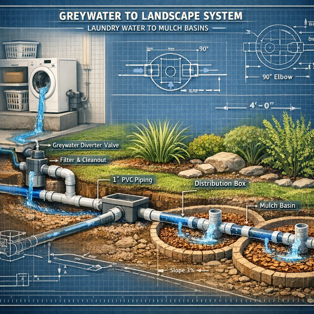 3D render of a greywater-to-landscape plumbing system, showing laundry water flowing to mulch basins. Engineering blueprint overlay, sustainable tech aesthetic.